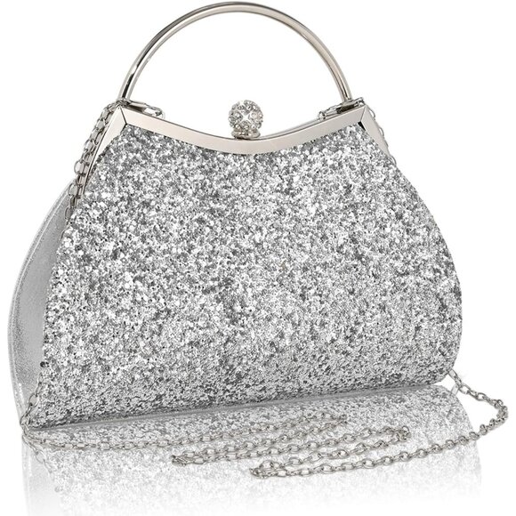Women's Silver Sparkly Evening Chain Strap Fashionable Shoulder Clutch Bag - Picture 1 of 7
